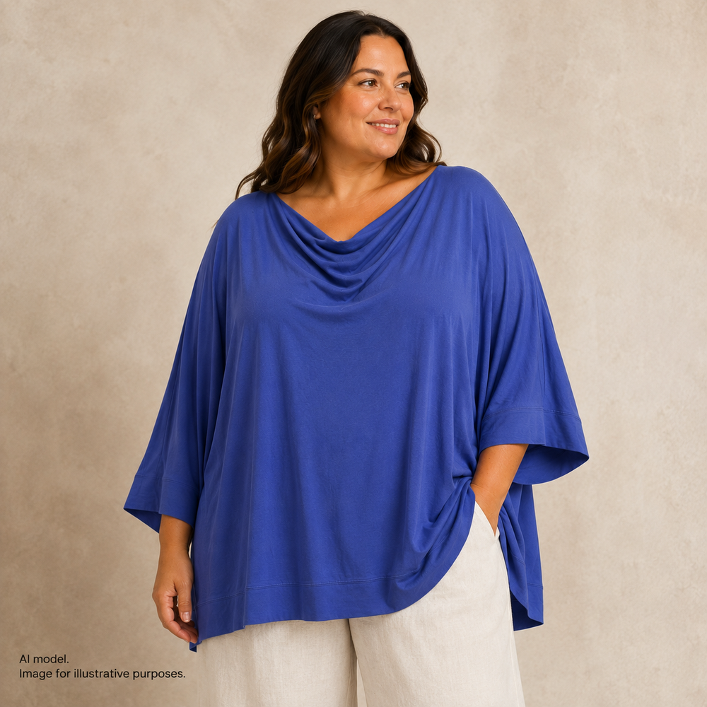 Eileen Fisher Top Womens 3X Blue Cowl Neck Dolman Tunic Oversized Made USA